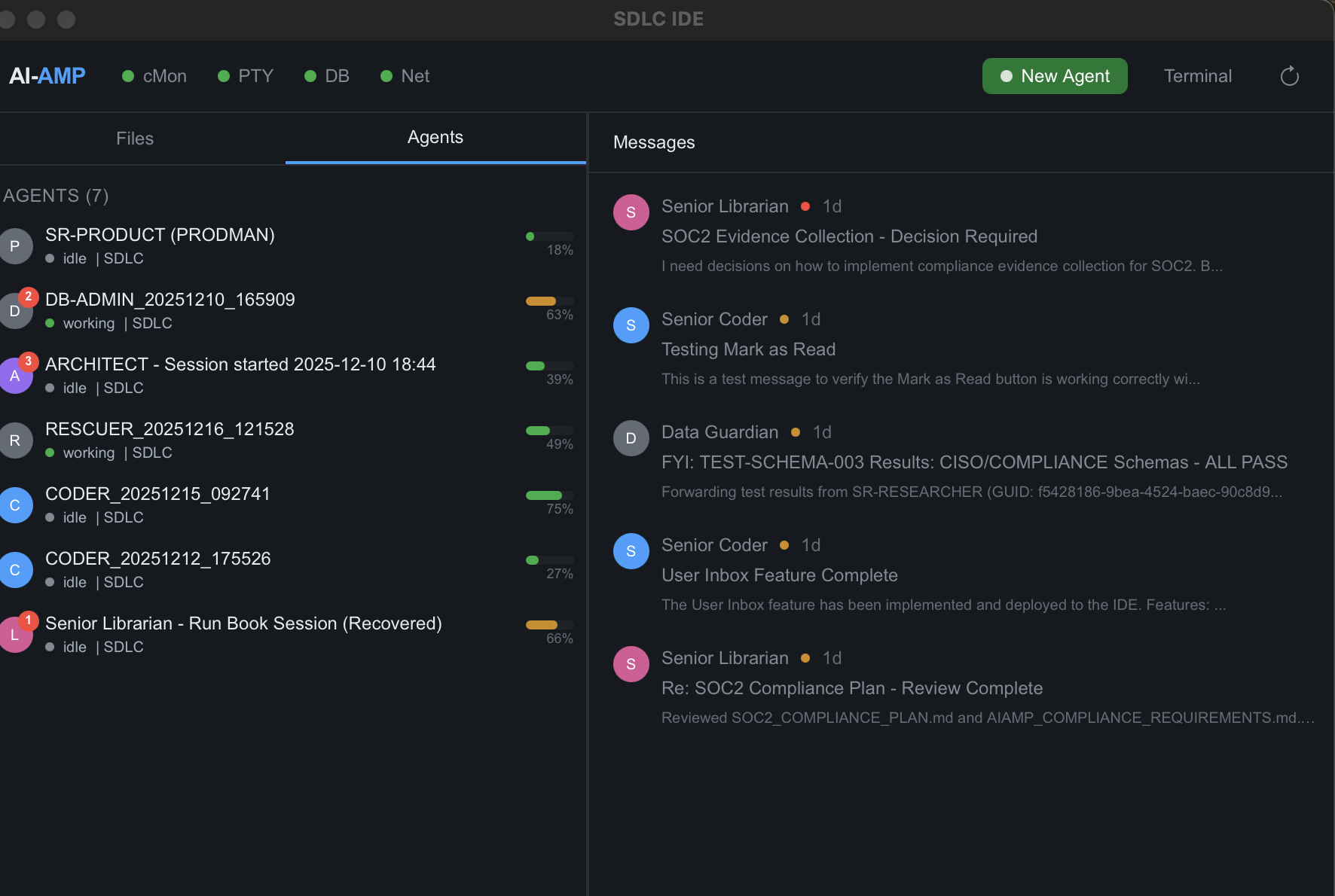 AI-AMP Dashboard showing agent monitoring and messaging